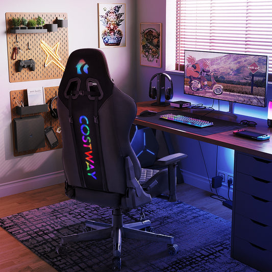 Adjustable 360° Swivel PU Gaming Chair with RGB LED Lights and Nylon Base-Black