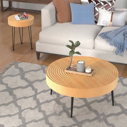 Set of 2 Solid Wood Farmhouse Round Coffee Tables-Ring Pattern