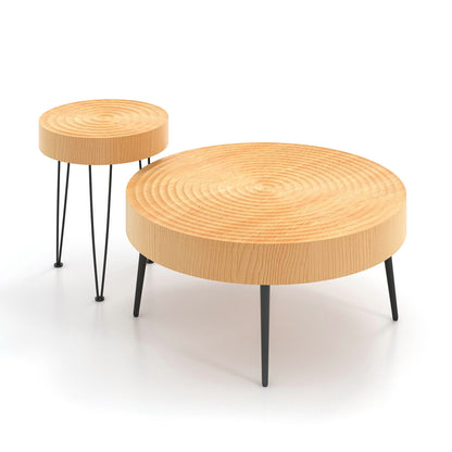 Set of 2 Solid Wood Farmhouse Round Coffee Tables-Ring Pattern
