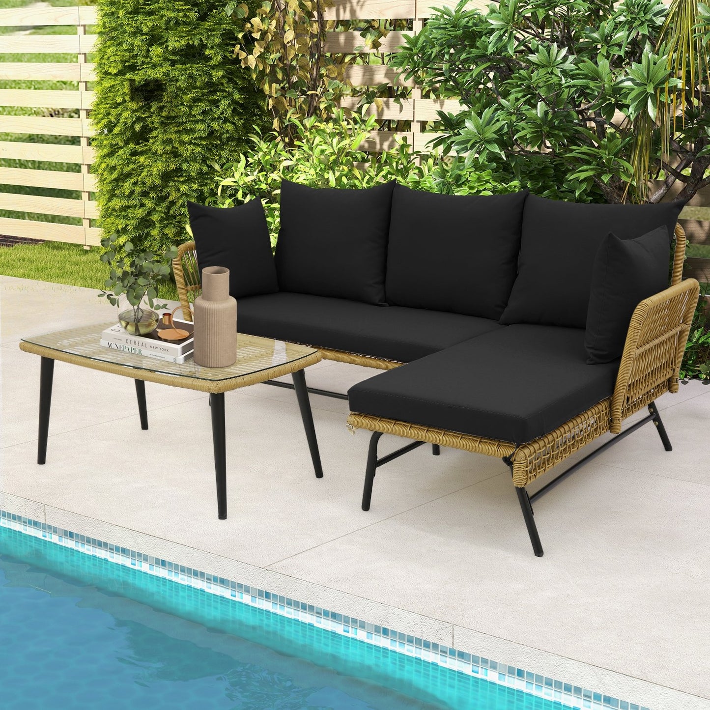 3 Pieces L-Shaped Patio Sofa with Cushions and Tempered Glass Table-Beige