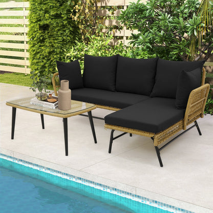 3 Pieces L-Shaped Patio Sofa with Cushions and Tempered Glass Table-Beige