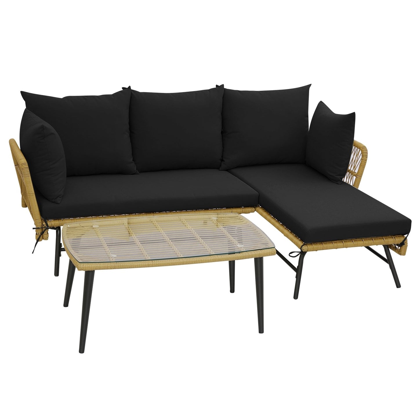 3 Pieces L-Shaped Patio Sofa with Cushions and Tempered Glass Table-Beige