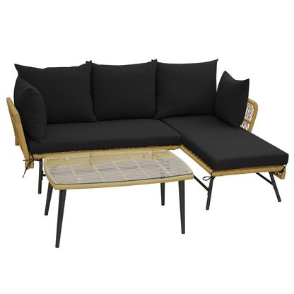 3 Pieces L-Shaped Patio Sofa with Cushions and Tempered Glass Table-Beige