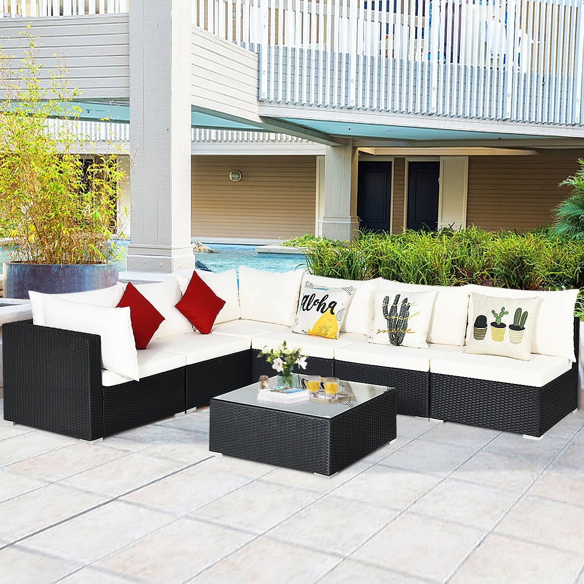 7-Piece Outdoor Sectional Wicker Patio Sofa Set with Tempered Glass Top-White