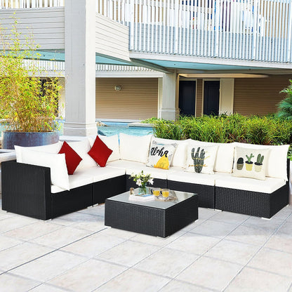 7-Piece Outdoor Sectional Wicker Patio Sofa Set with Tempered Glass Top-White