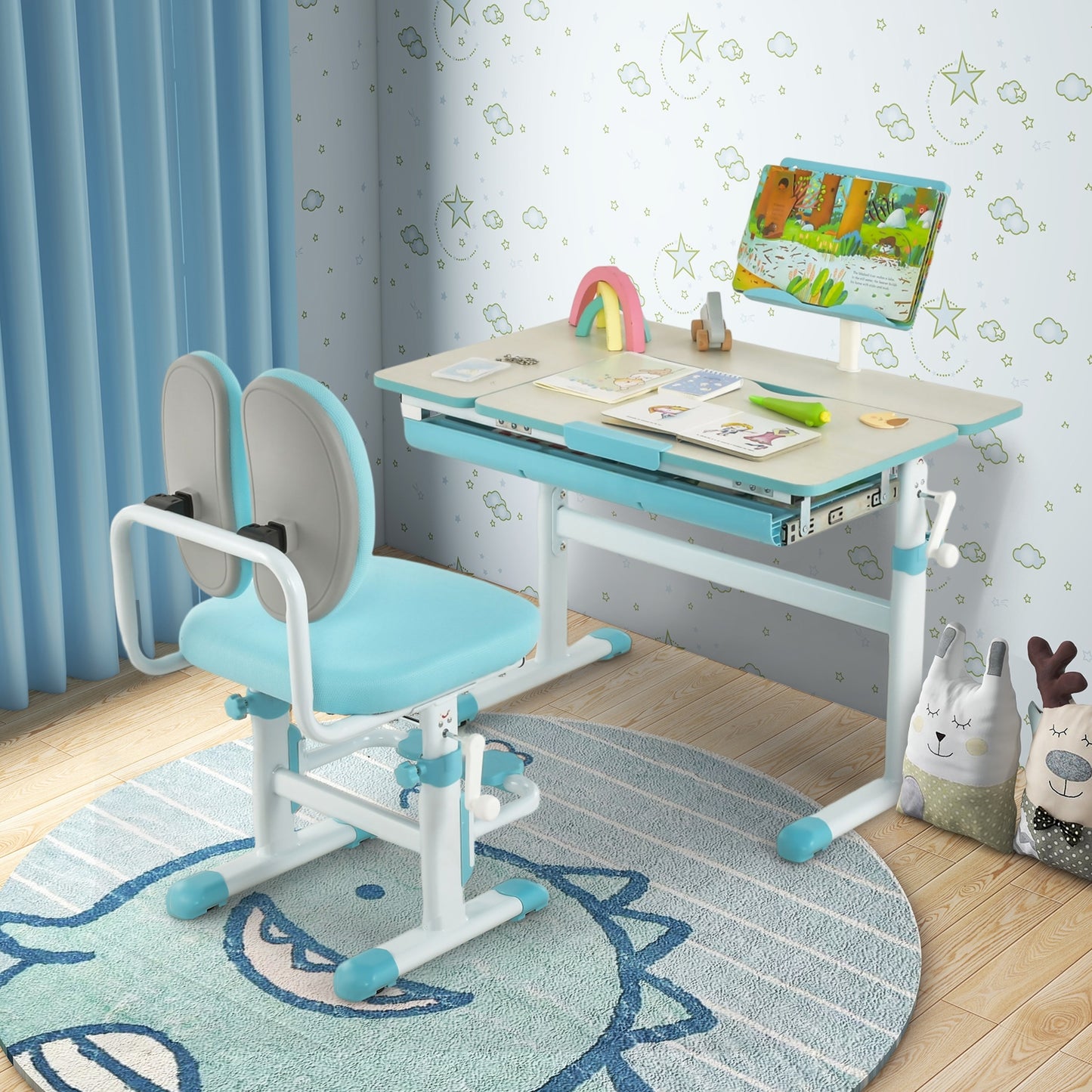 Height-Adjustable Kids Desk with Tilt Desktop and Book Stand-Blue