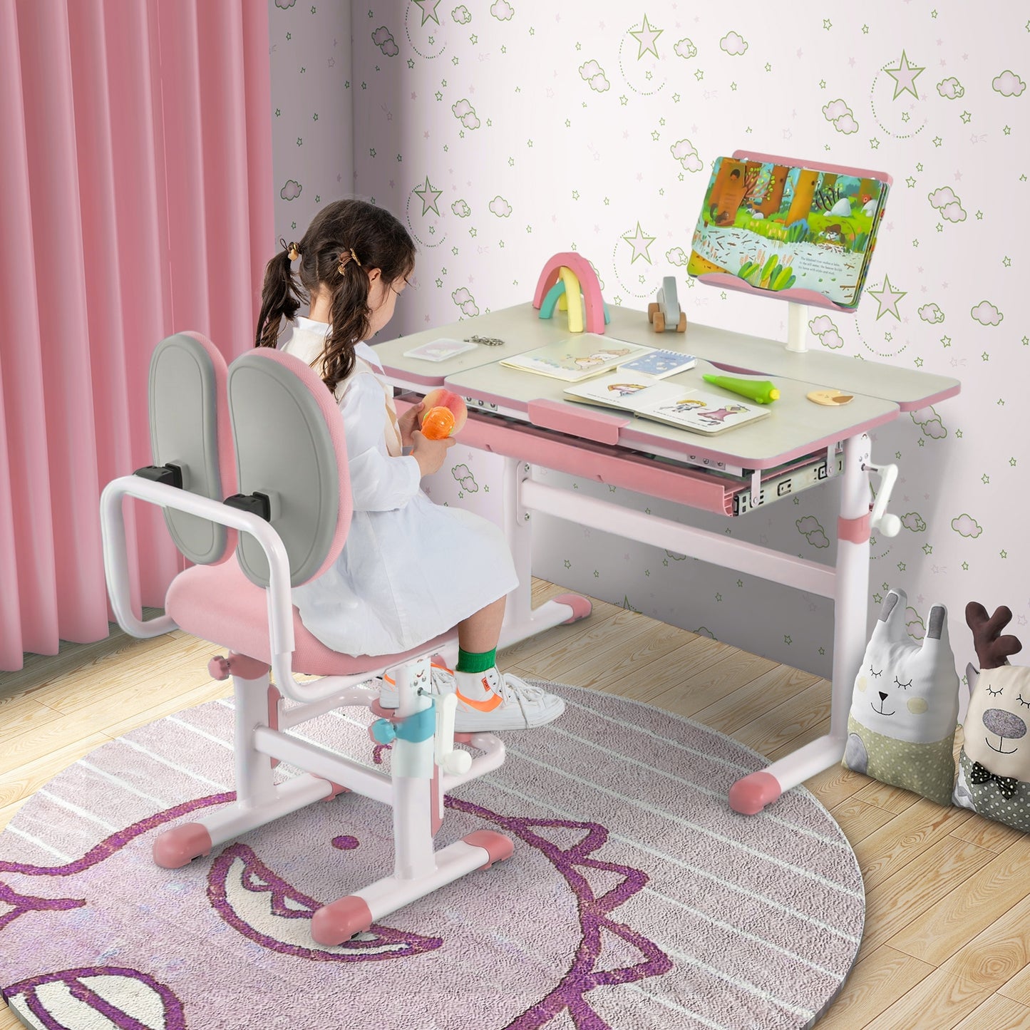 Height-Adjustable Kids Desk with Tilt Desktop and Book Stand-Pink