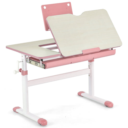 Height-Adjustable Kids Desk with Tilt Desktop and Book Stand-Pink