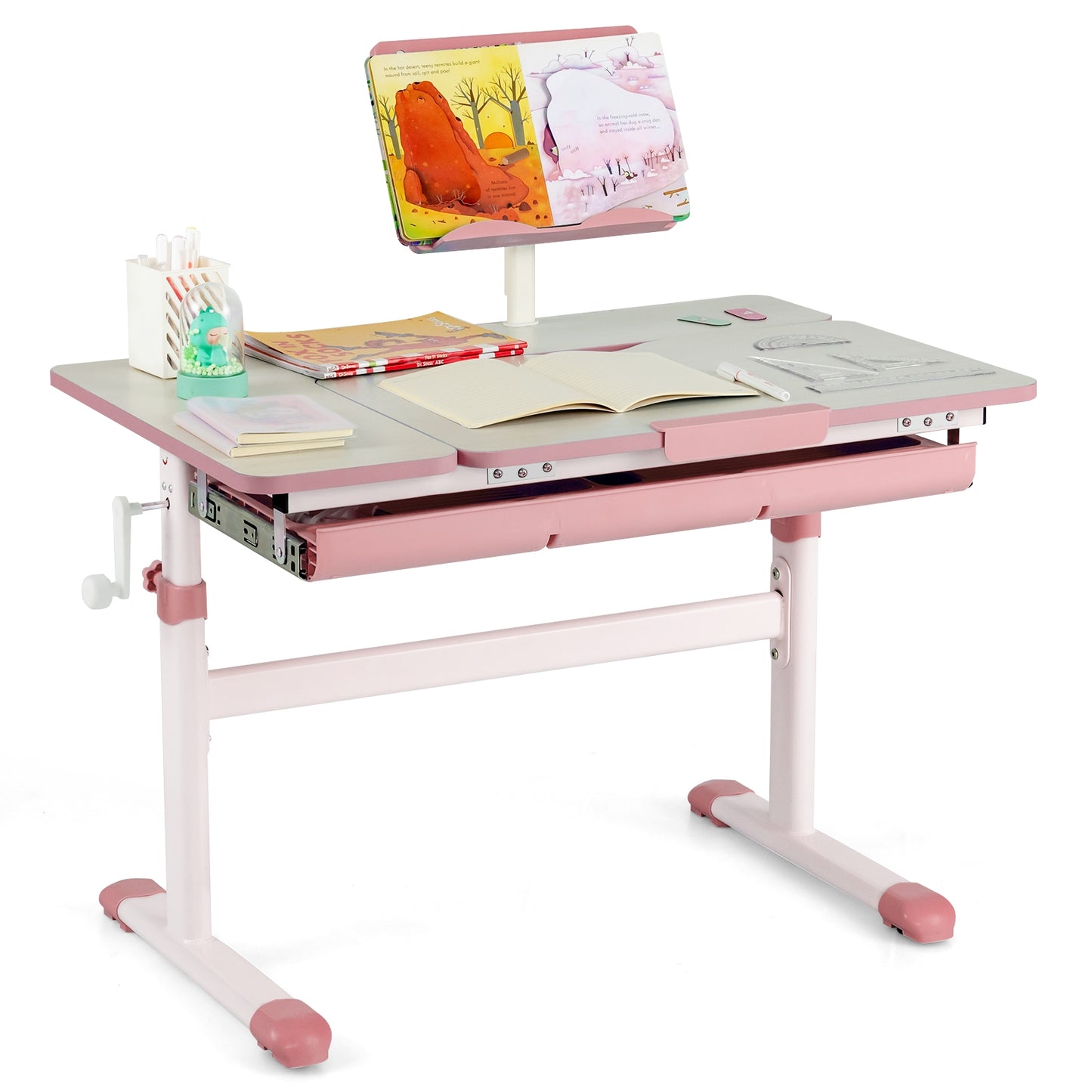 Height-Adjustable Kids Desk with Tilt Desktop and Book Stand-Pink