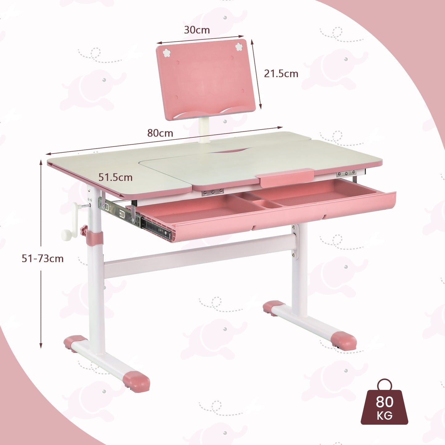 Height-Adjustable Kids Desk with Tilt Desktop and Book Stand-Pink