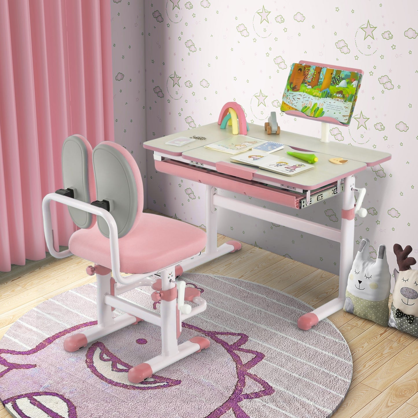 Height-Adjustable Kids Desk with Tilt Desktop and Book Stand-Pink