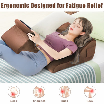 Bed Wedge Pillow with Tablet Pillow Stand and Side Pockets-Brown