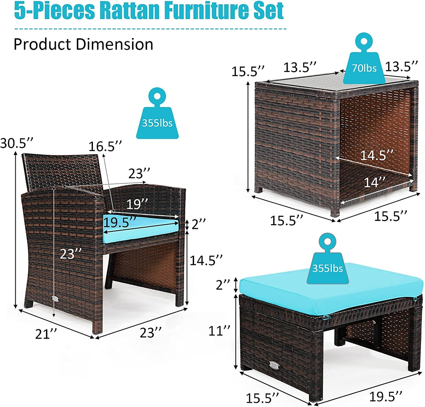 5 Pieces Patio Rattan Furniture Set with Ottoman and Tempered Glass Coffee Table-Turquoise