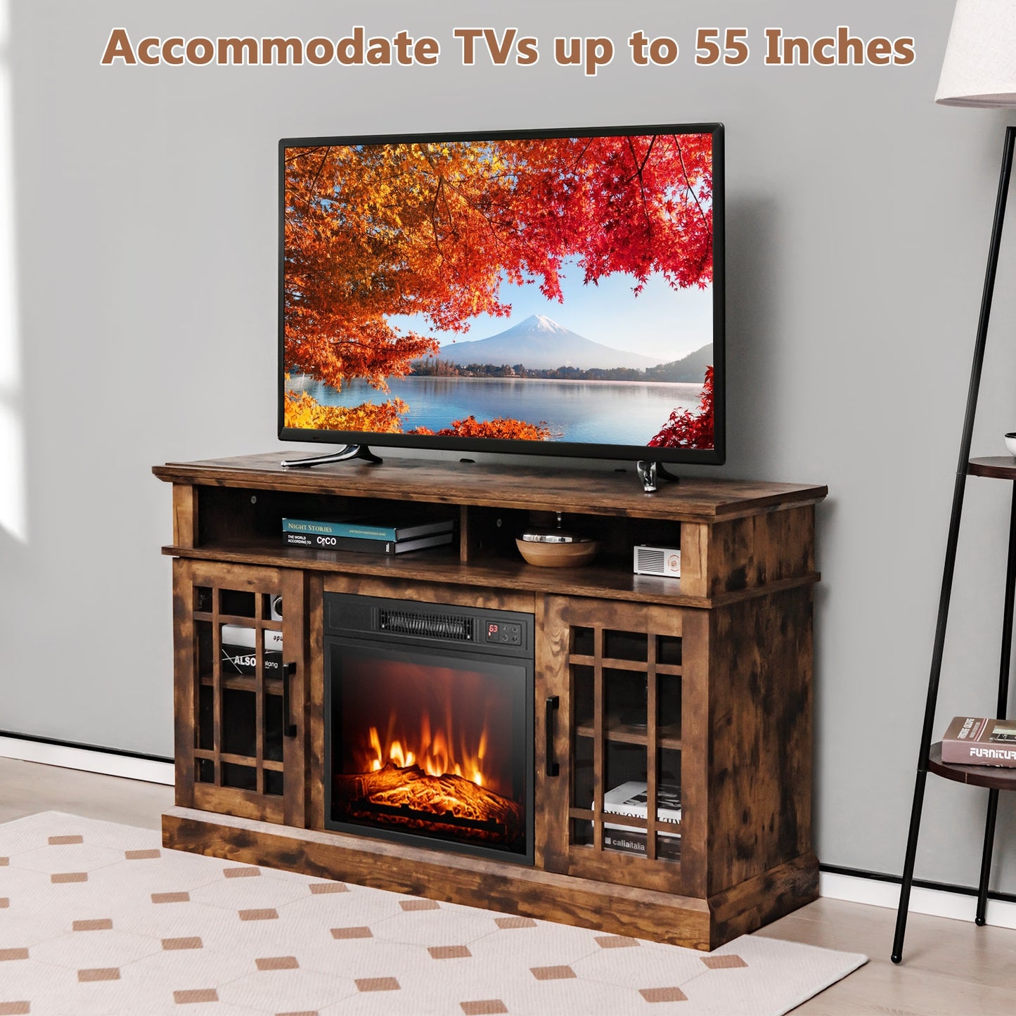 48 Inch Electric Fireplace TV Stand with Cabinets for TVs Up to 55 Inch-Black