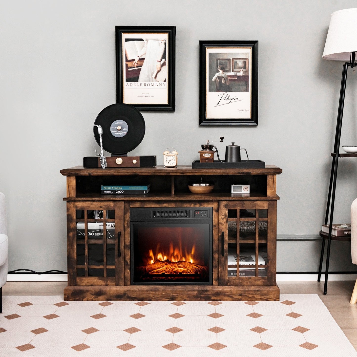 48 Inch Electric Fireplace TV Stand with Cabinets for TVs Up to 55 Inch-Black