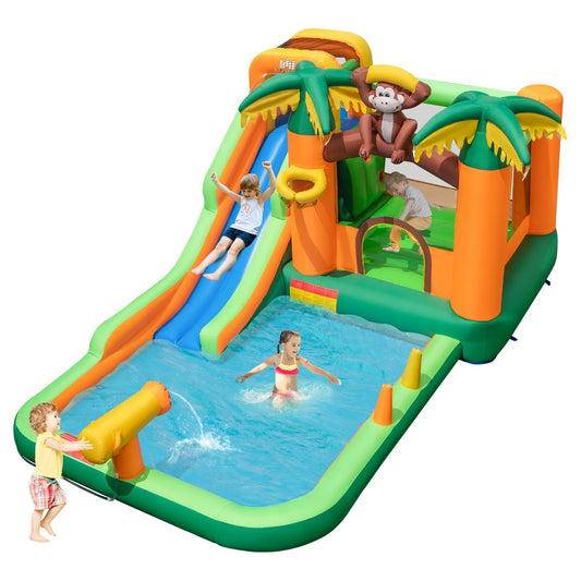 Monkey-themed inflatable bounce house with slide, outdoor water play toy from Wilsons Home Store, without blower included.