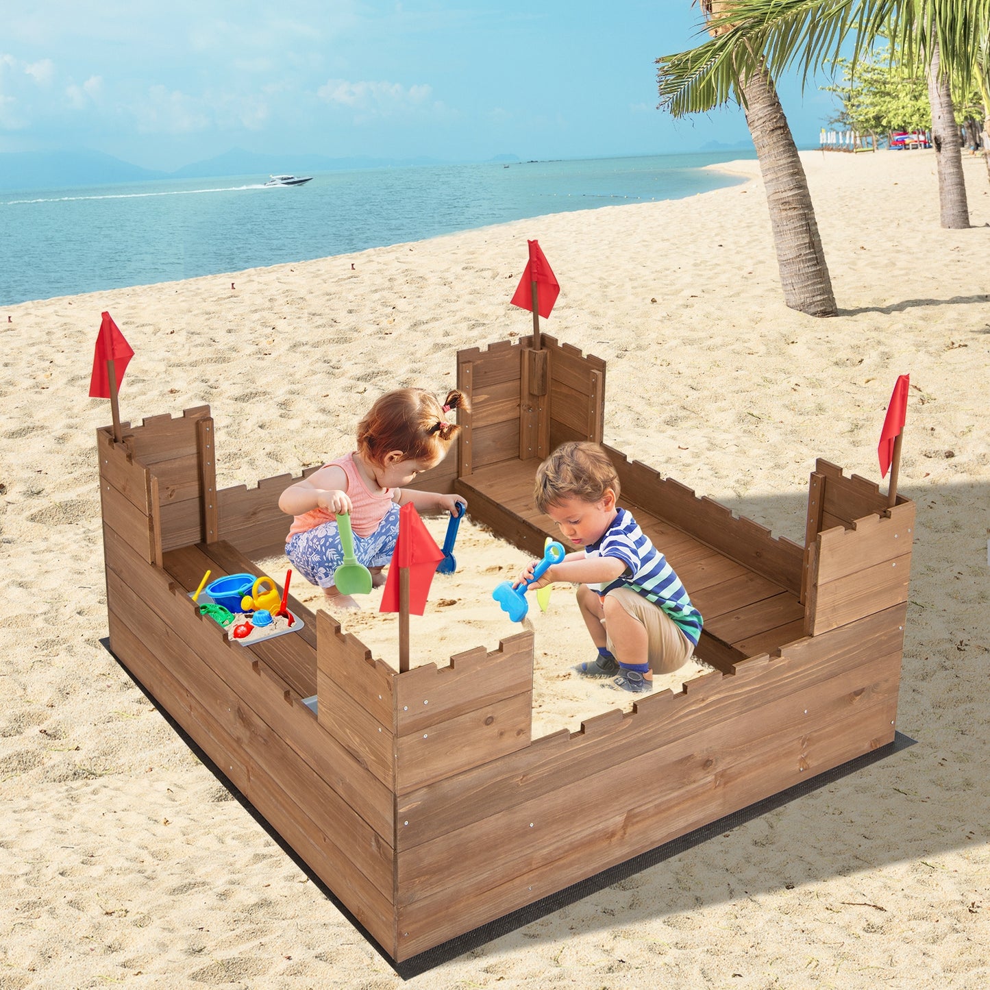 Kids Wooden Sandbox with Bottom Liner and Red Flags