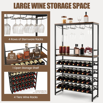 Freestanding Wine Bakers Rack with 4-Tier Wine Storage and 4 Rows of Stemware Racks