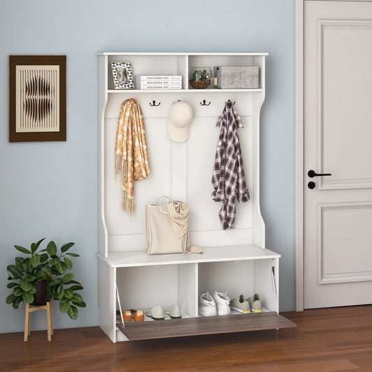 3 in 1 Coat Rack with Entryway Bench and Hooks and Enclosed Cabinet-White