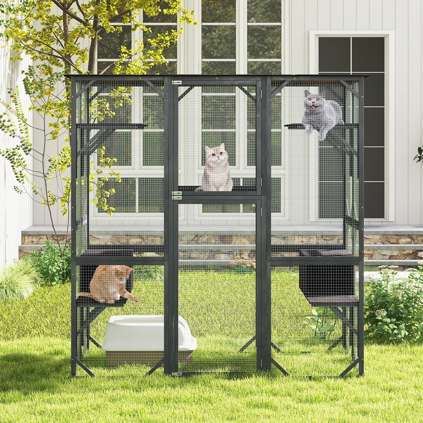 71 Inch Tall Outdoor Wooden Cat House with Weatherproof Asphalt Roof-Gray
