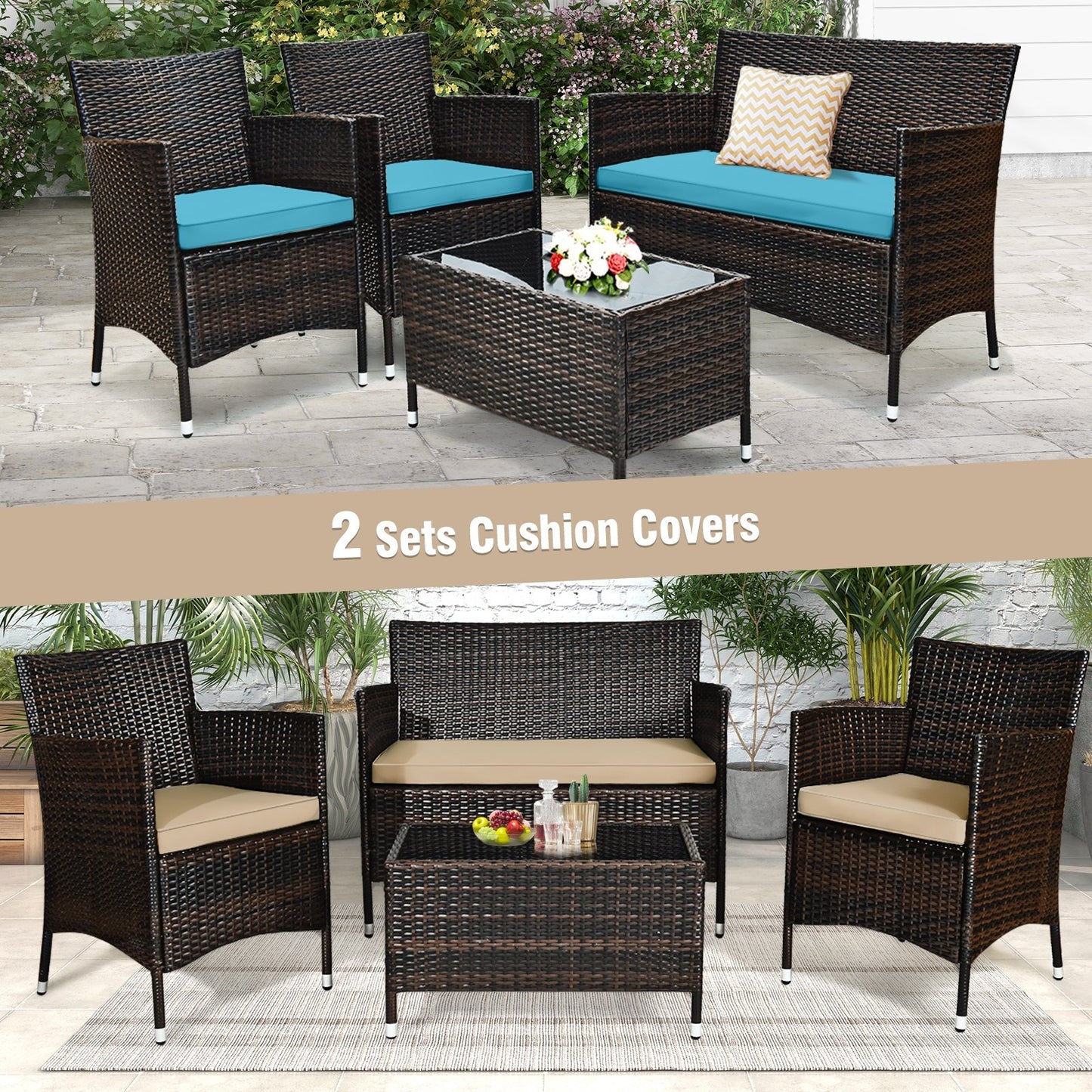 4 Pieces Comfortable Outdoor Rattan Sofa Set with Glass Coffee Table-Beige and Gray