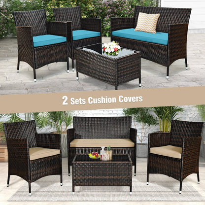 4 Pieces Comfortable Outdoor Rattan Sofa Set with Glass Coffee Table-Beige and Gray
