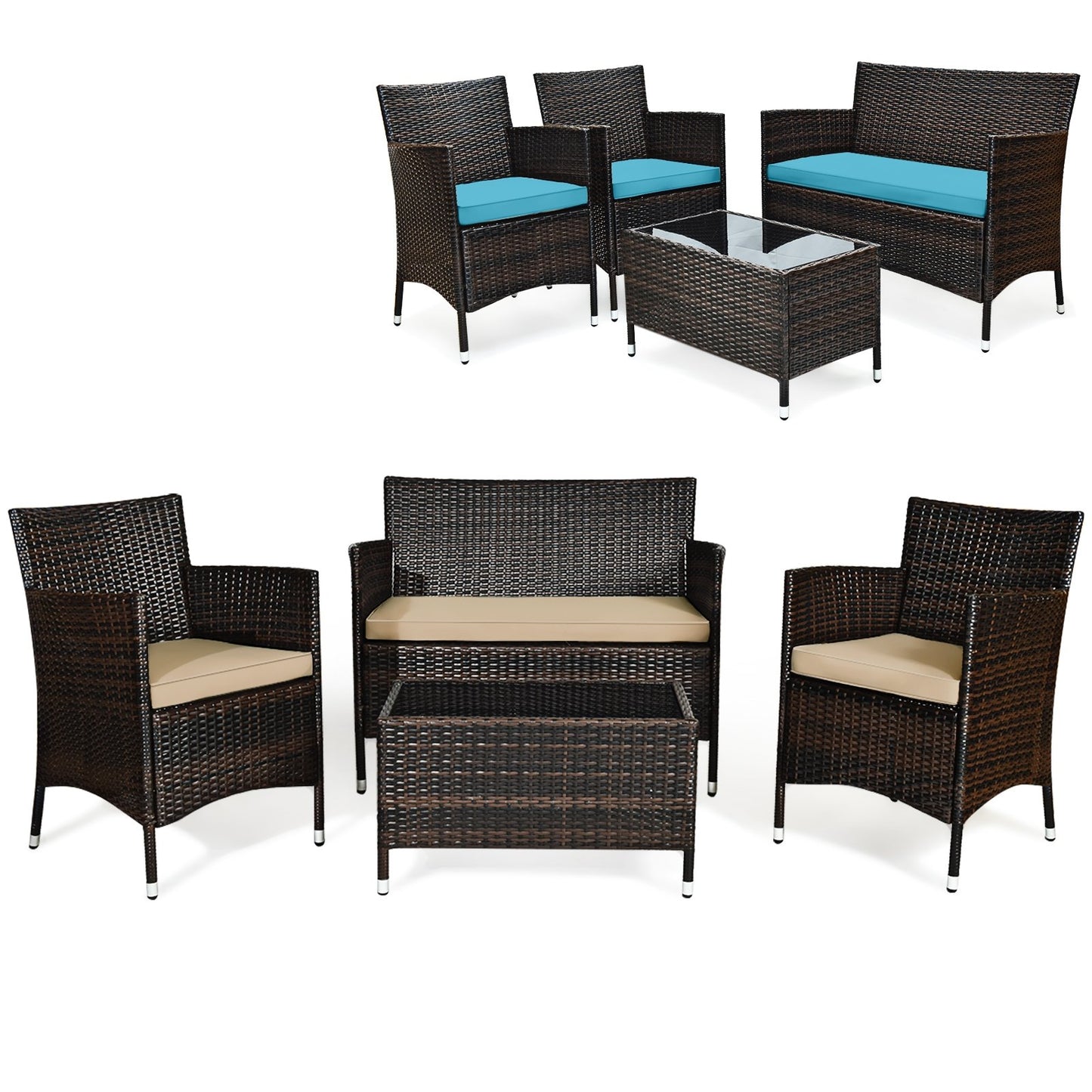 4 Pieces Comfortable Outdoor Rattan Sofa Set with Glass Coffee Table-Beige and Gray