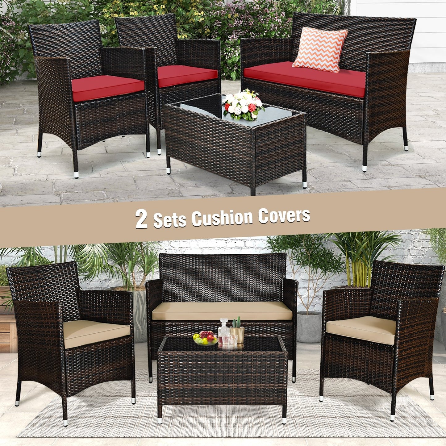 4 Pieces Comfortable Outdoor Rattan Sofa Set with Glass Coffee Table-Beige and Gray