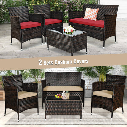 4 Pieces Comfortable Outdoor Rattan Sofa Set with Glass Coffee Table-Beige and Gray