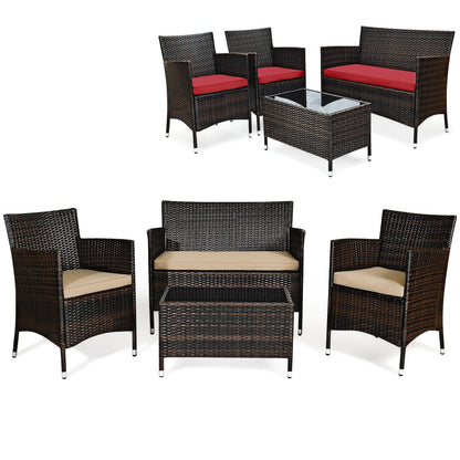 4 Pieces Comfortable Outdoor Rattan Sofa Set with Glass Coffee Table-Beige and Gray