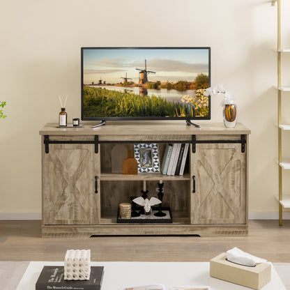 Farmhouse Entertainment Center with Adjustable Shelves and Storage Cabinet-Gray