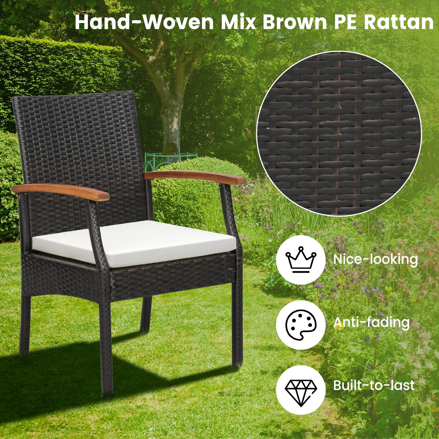 7 Pieces Outdoor Wicker Chair and Dining Table Set-Wood Handrail