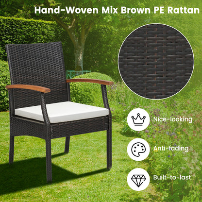 7 Pieces Outdoor Wicker Chair and Dining Table Set-Wood Handrail