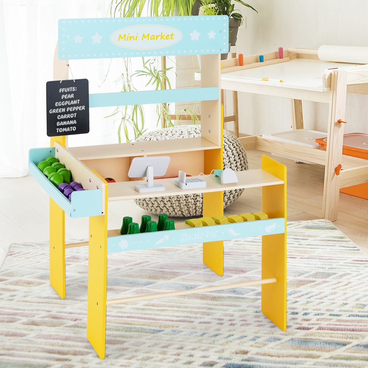 Kid's Pretend Play Grocery Store with Cash Register and Blackboard-Blue