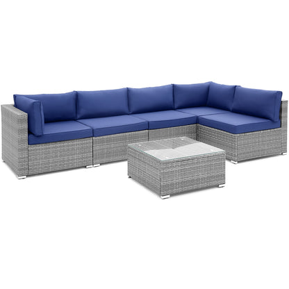 6 Piece Patio Conversation Sofa Set with Tempered Glass Coffee Table-Navy