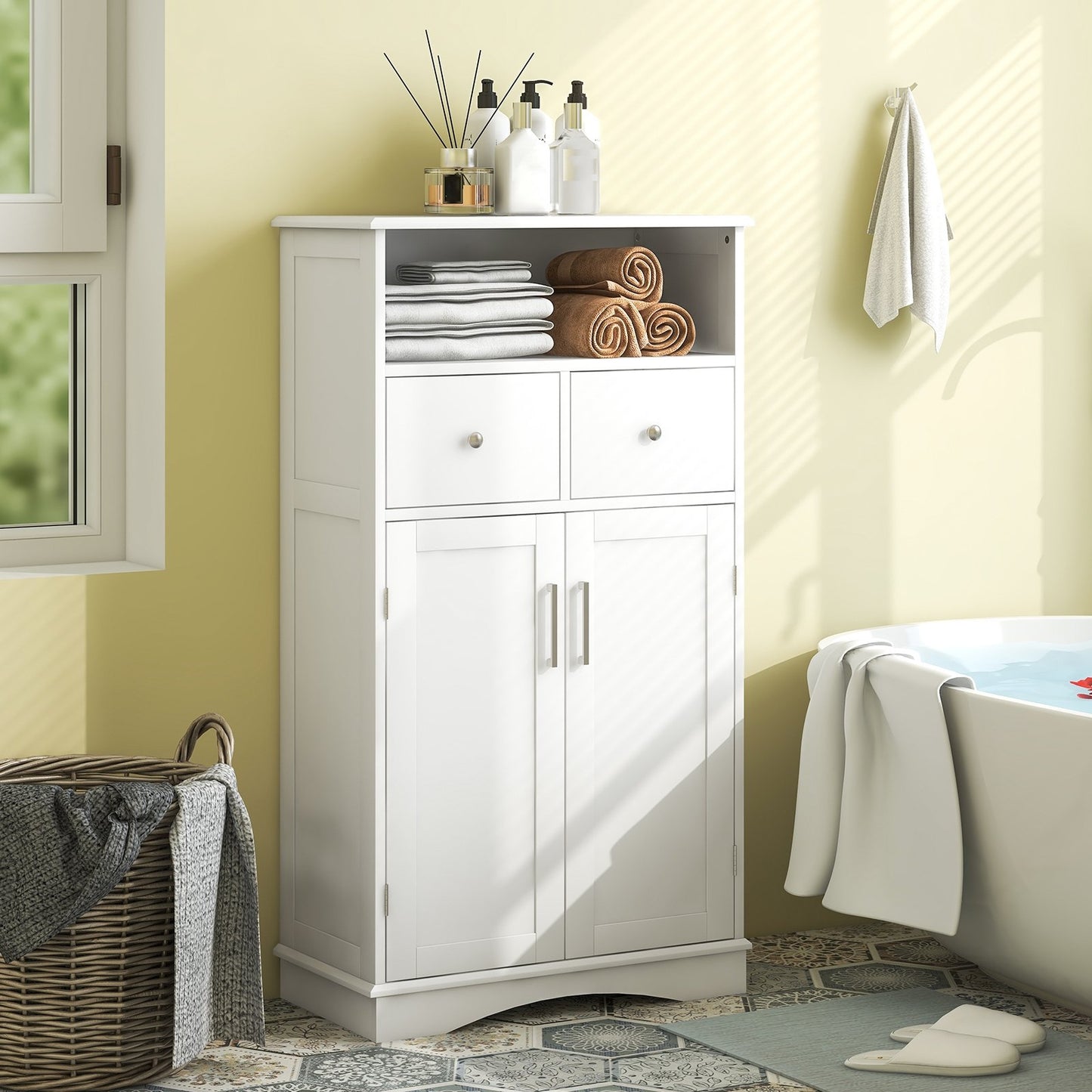 2 Doors Freeestanding Bathroom Floor Cabinet with 2 Drawers and Adjustable Shelves-White