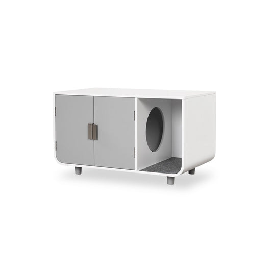Pet cat litter box enclosure with removable mat, stylish furniture design for easy cleaning and hiding litter box inside.