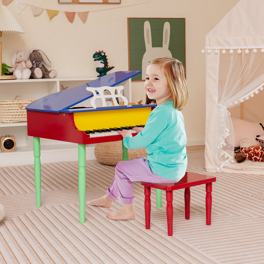 30-Key Wood Toy Kids Grand Piano with Bench and Music Rack-Multicolor