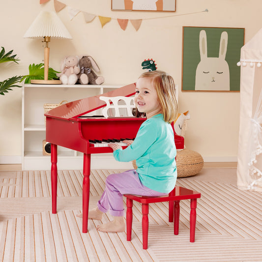 30-Key Wood Toy Kids Grand Piano with Bench and Music Rack-Red