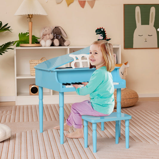 30-Key Wood Toy Kids Grand Piano with Bench and Music Rack-Blue