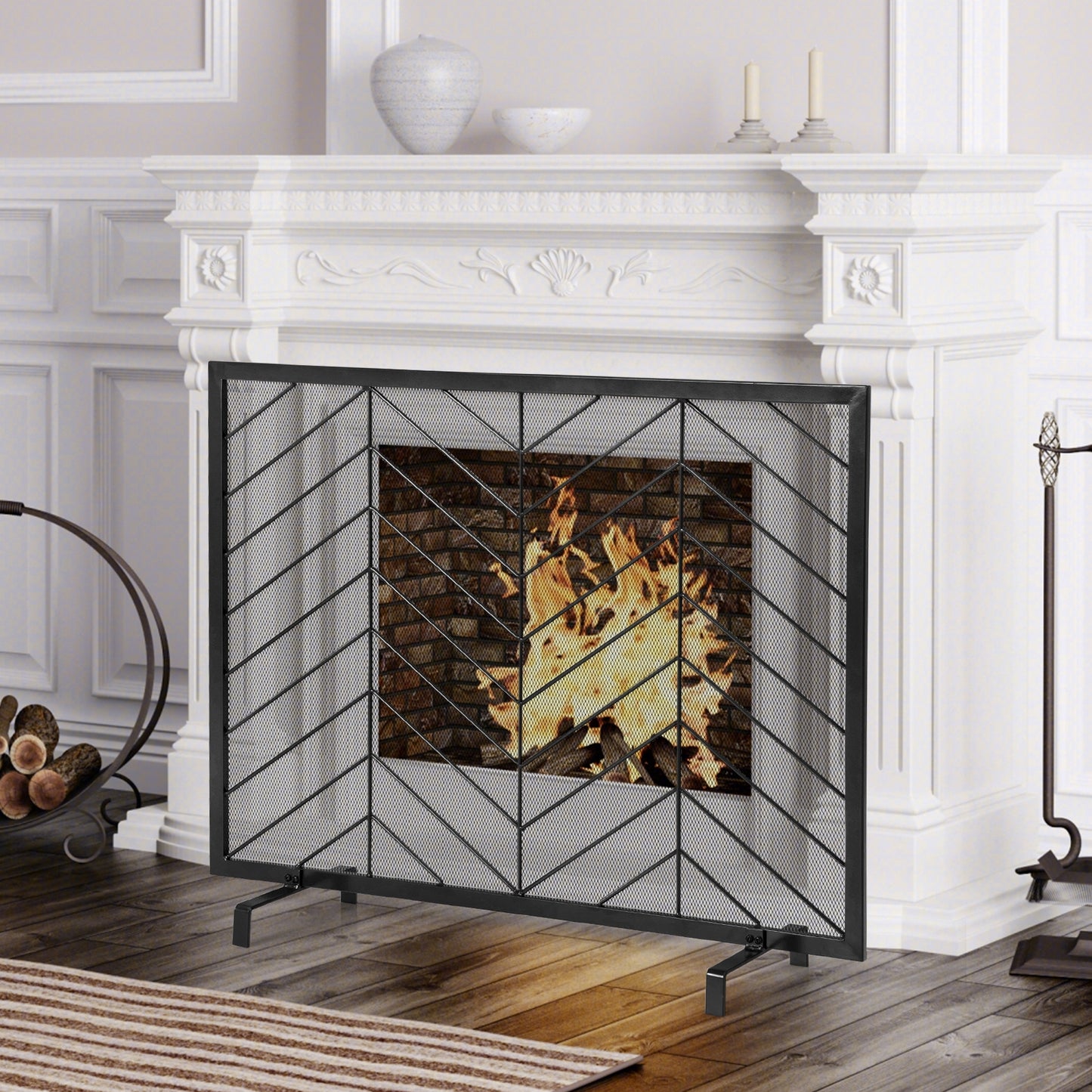 38 x 31 Inch Single Panel Fireplace Screen-Black