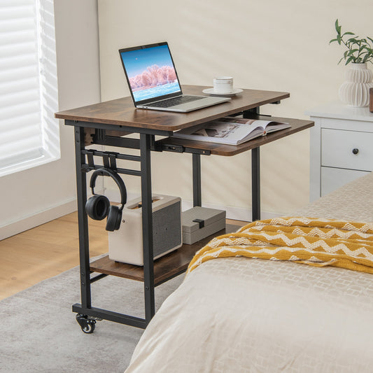 Rolling Laptop Table with Pull-out Keyboard Tray and Hooks-Rustic Brown