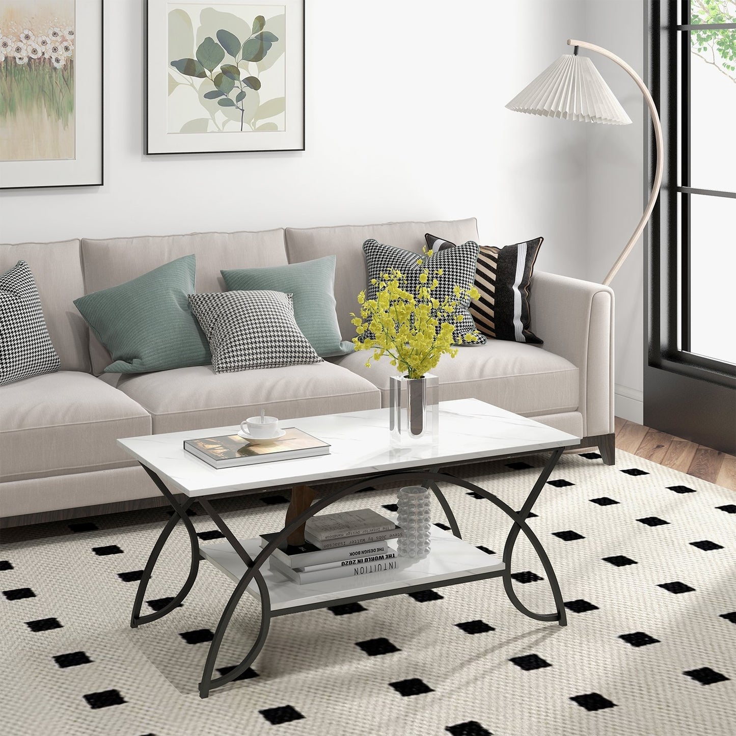 2-Tier Faux Marble Coffee Table with Marble Top and Metal Frame-Black & White