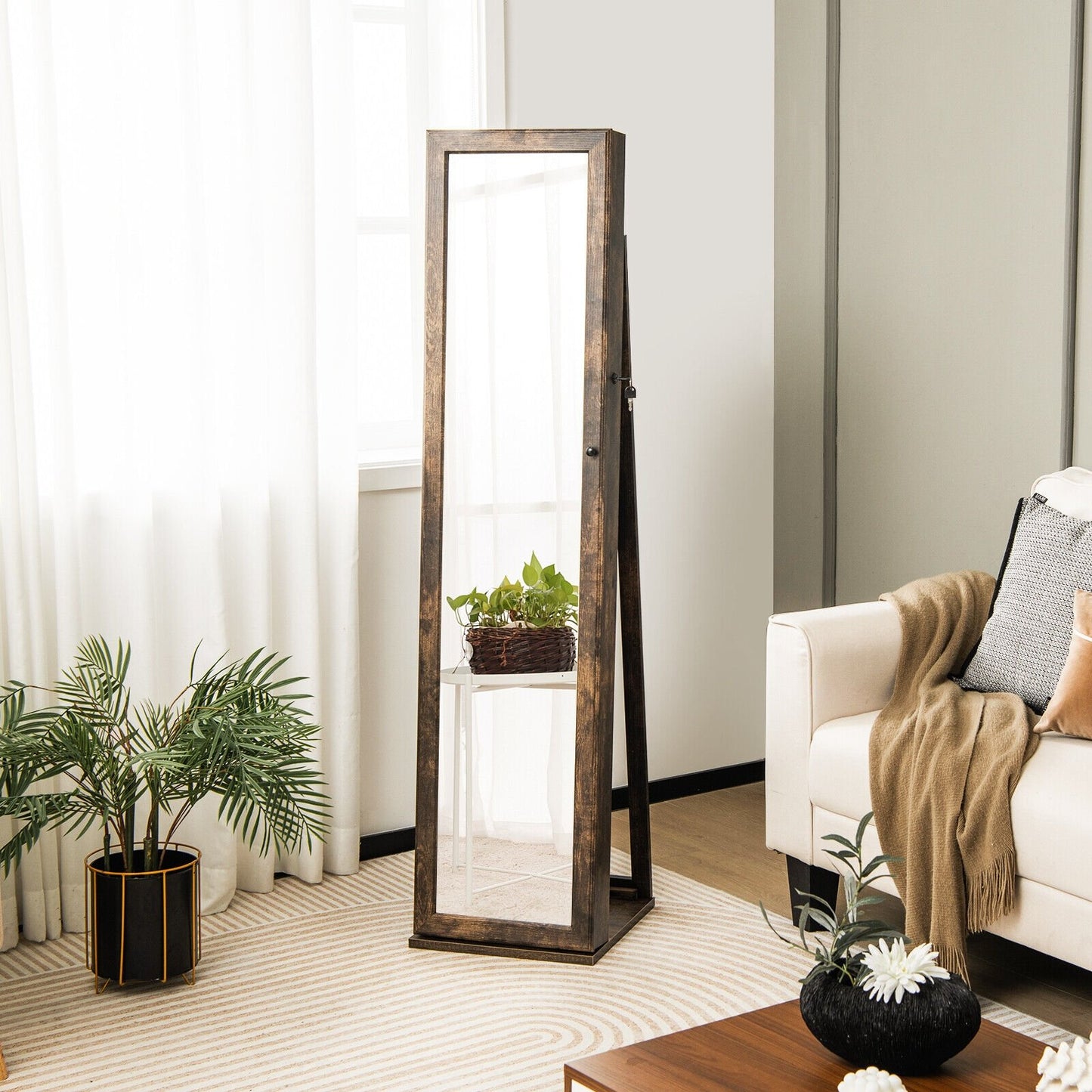 Standing Lockable Jewelry Storage Organizer with Full-Length Mirror-Black