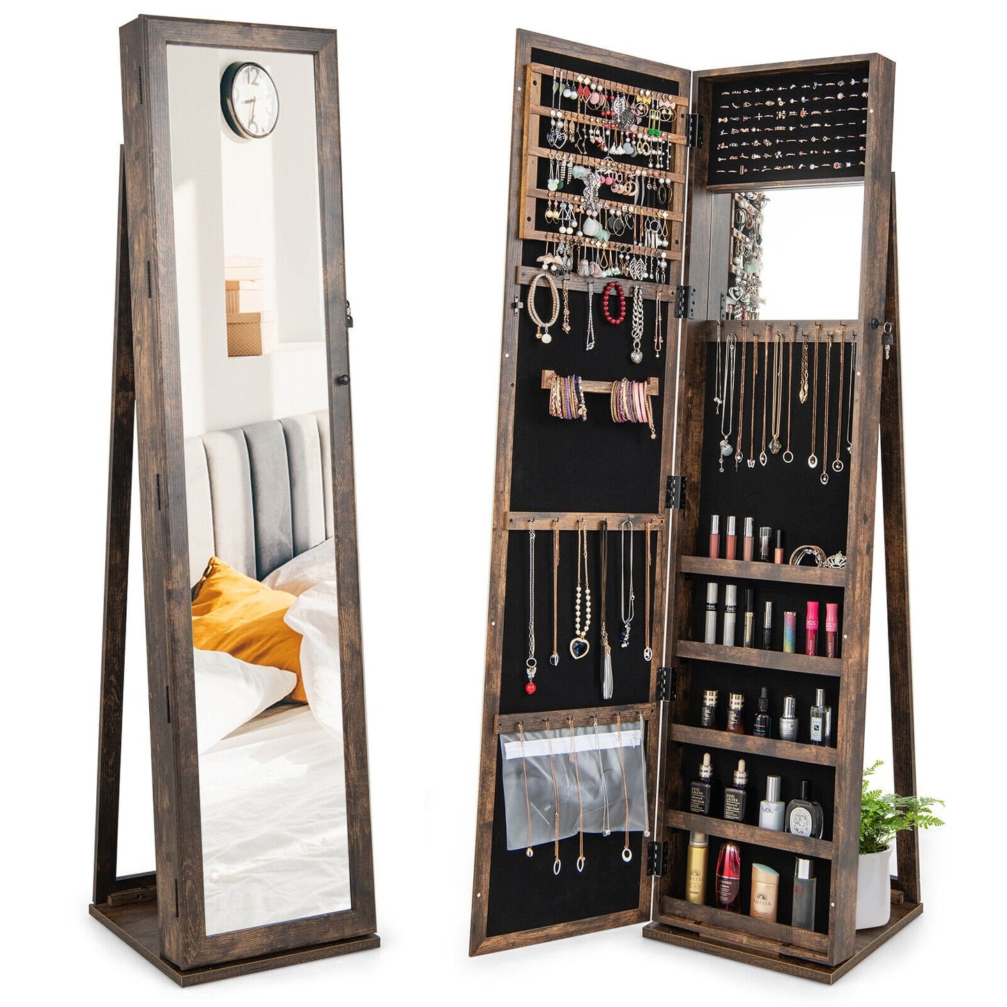Standing Lockable Jewelry Storage Organizer with Full-Length Mirror-Black