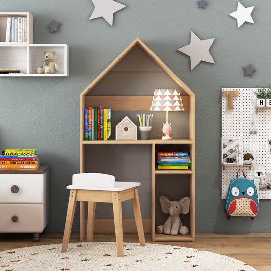 2-in-1 Kids House-Shaped Table and Chair Set-Gray