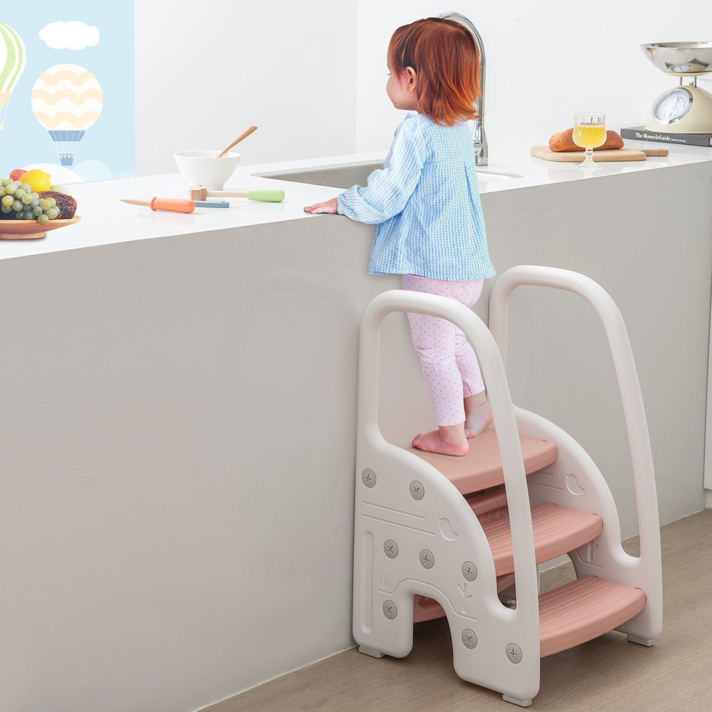 3-Step Stool with Safety Handles and Non-slip Pedals for Toddlers-Gray