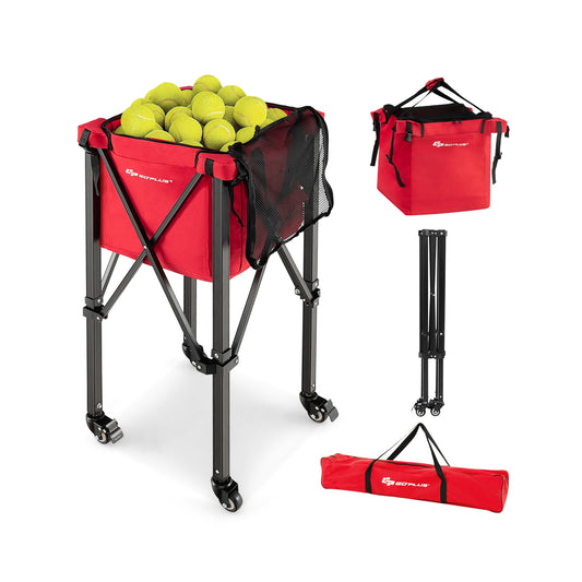 Lightweight Foldable Tennis Ball Teaching Cart with Wheels and Removable Bag-Red