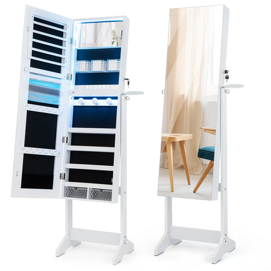 Freestanding Jewelry Cabinet with Full Length Mirror and LED Lights-White