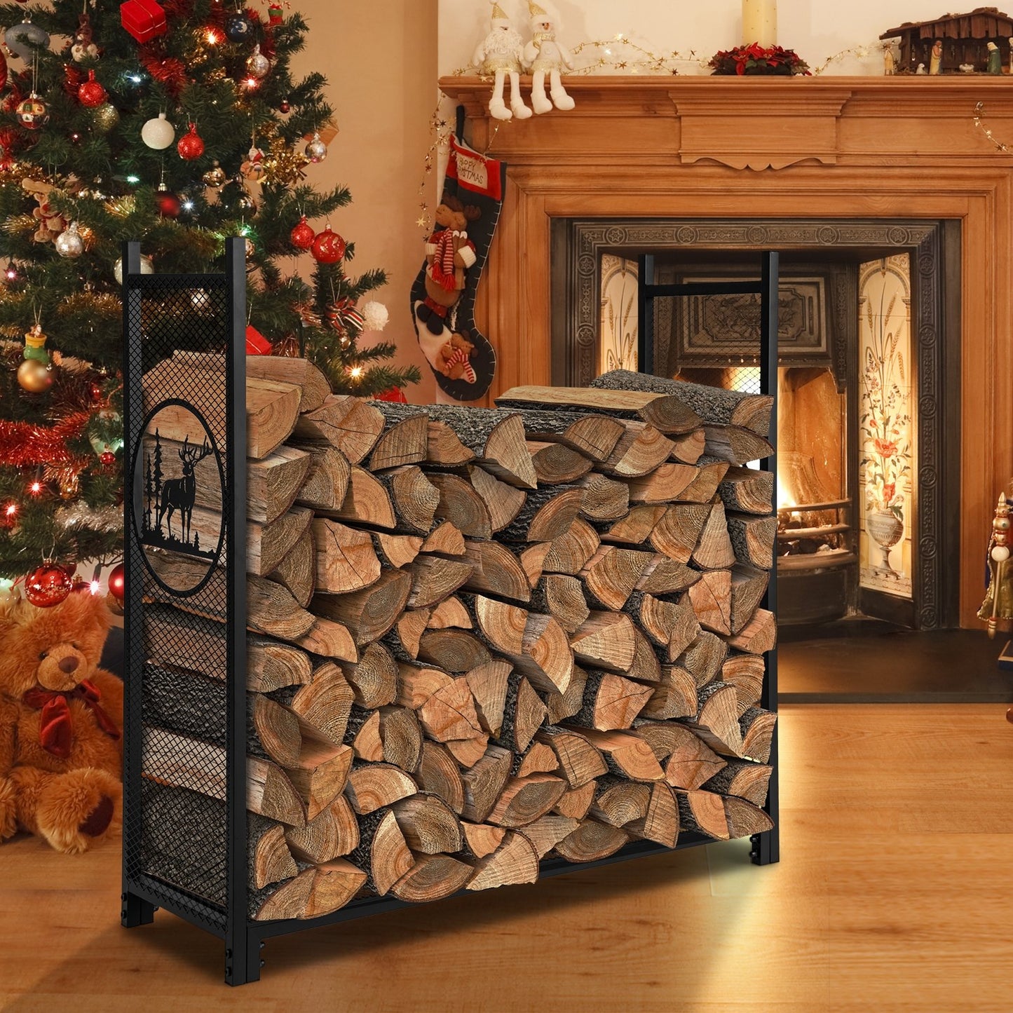 4 feet firewood rack stand with mesh sides for outdoor log storage, sturdy wooden frame for outdoor heating.